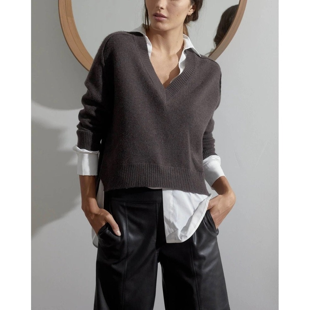 Brochu Walker Looker Layered V-Neck Sweater Wool Cashmere Char Brown Melange S - Picture 3 of 11